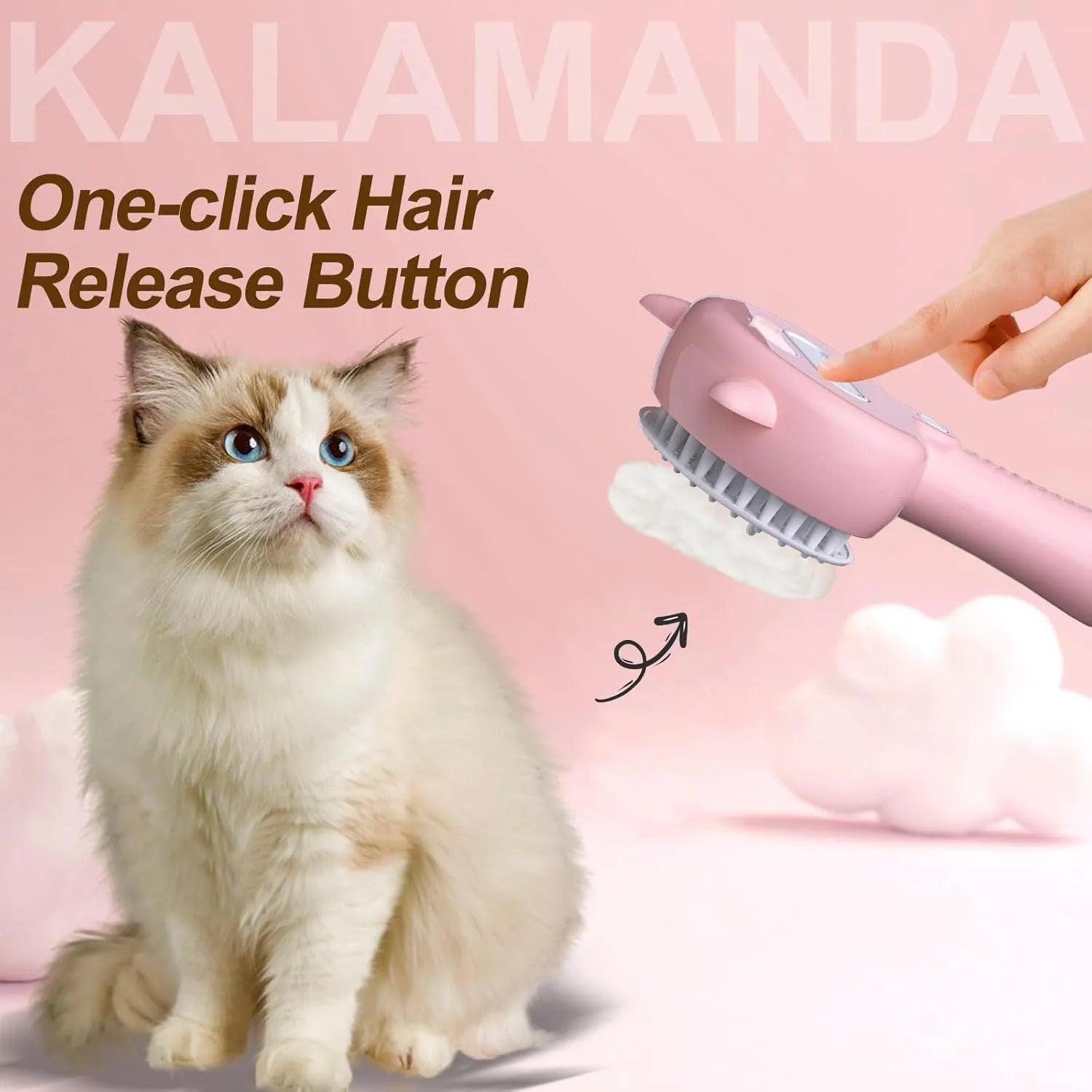Cat steam brush with ergonomic handle and release button for pet grooming
