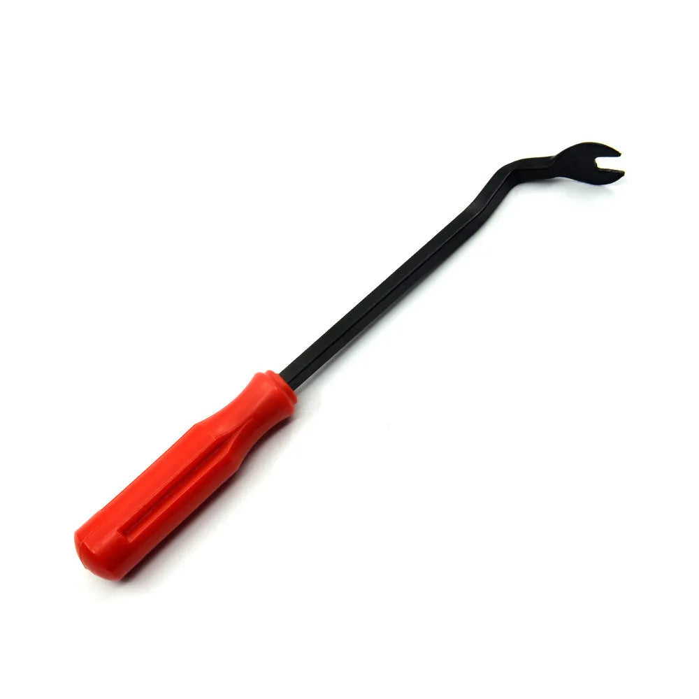 Red handle automotive clip driver tool for General Motors door panel nailing with light switch pliers