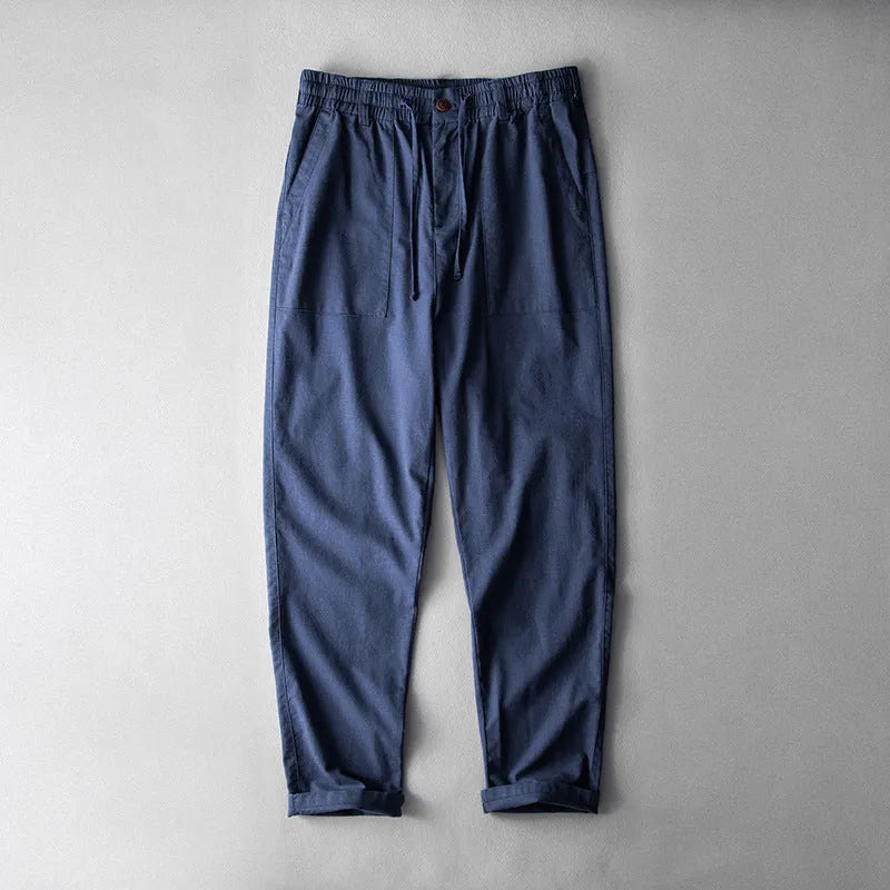 Men's linen casual trousers in navy blue, apricot linen and grey colours with mid waist design