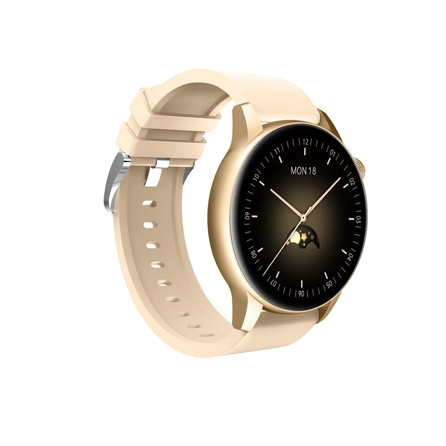 Smart watch with 1.30-inch colour touchscreen and stainless steel body in black, pink, or silver