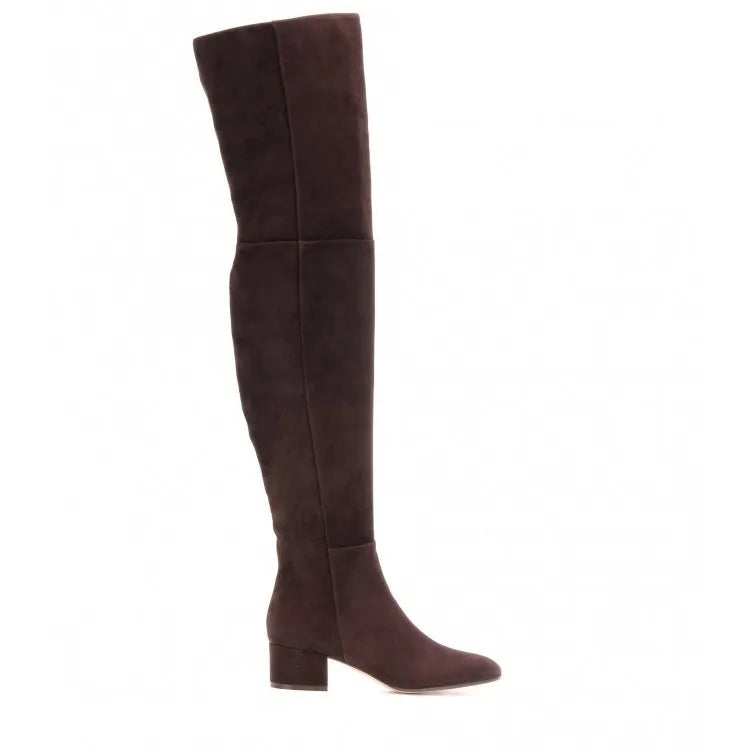 Grey suede women's flat over-the-knee boots with pointed toe and low thick heel.