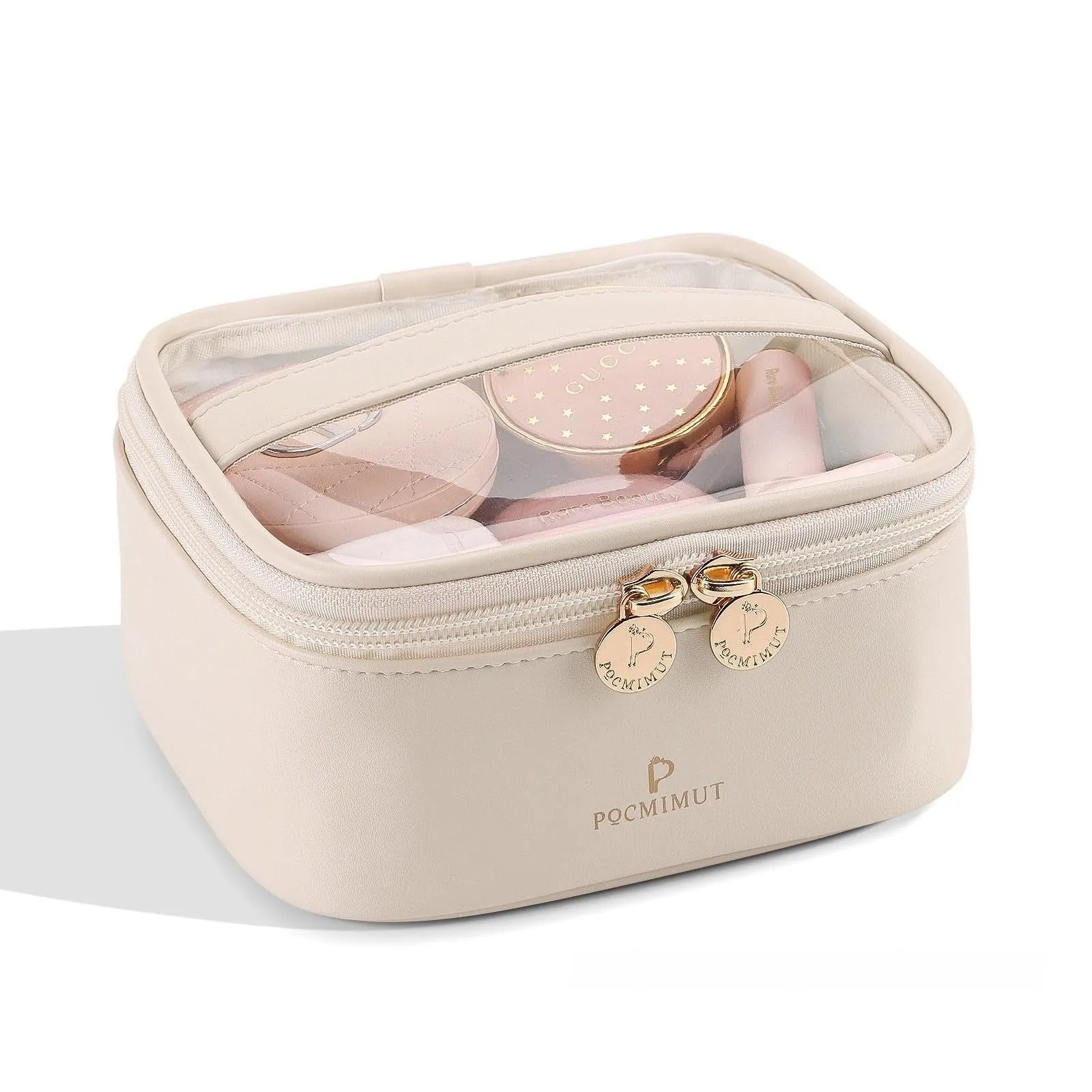 Clear PVC cosmetic bag with waterproof lining shown in a beige colour option.