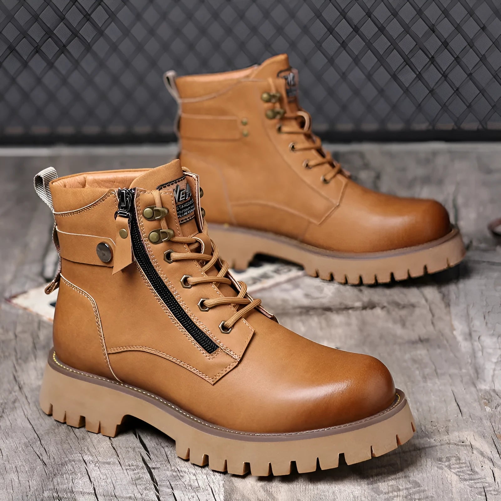 Men's brown leather high-top Martin boots with side zipper and mid heel for height increase