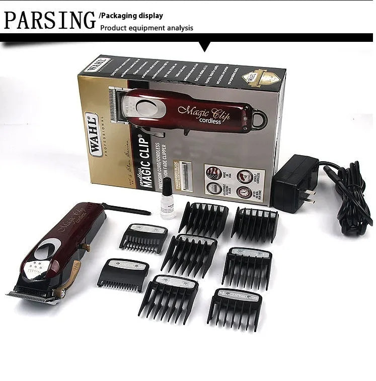 Cordless hair clipper set with stainless steel cutter head, shown with EU, UK, and US plug options.