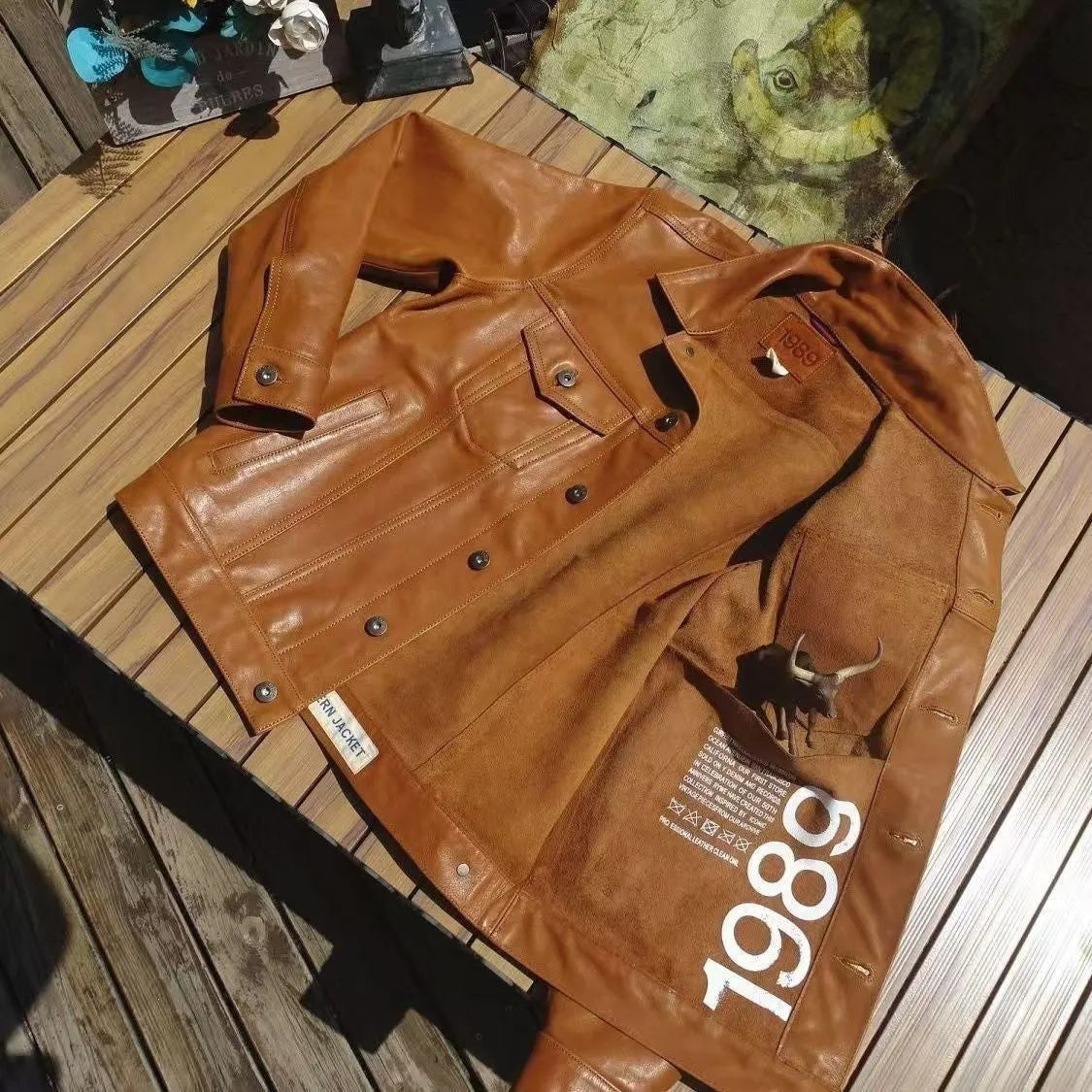 Men's cowhide leather jacket western cowboy retro workwear no lining short length black coffee