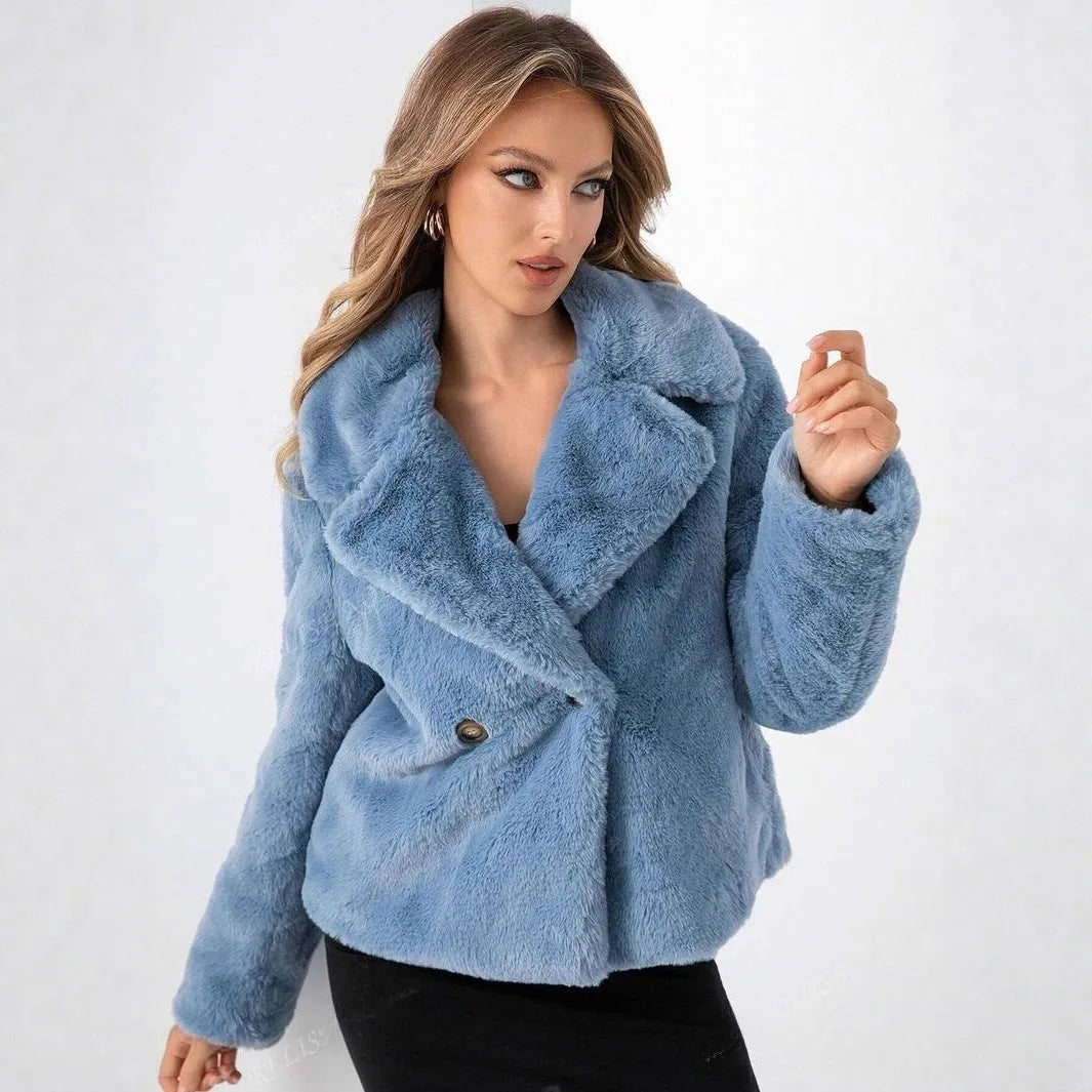Women's faux fur coat in rose red with regular sleeves and loose fit