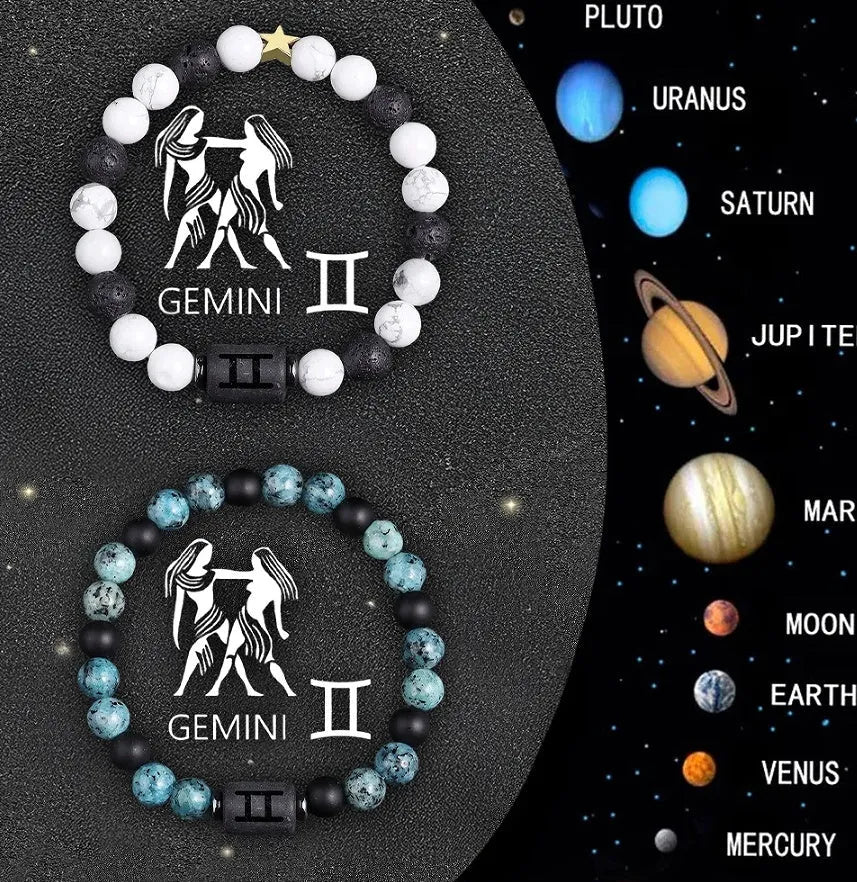 Set of two natural stone beaded bracelets showing different zodiac sign designs