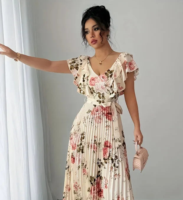 Apricot V-neck dress with digital floral print, ruffled short sleeves and oversized swing skirt