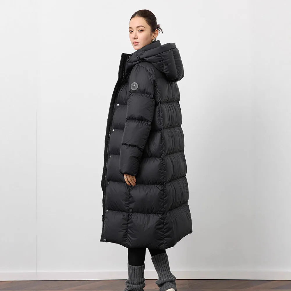 Slim fit over-the-knee down jacket for women, black colour, cotton fibre fabric, long sleeves
