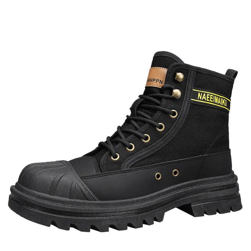 Thick-soled canvas men's casual motorcycle boots with round toe and lace-up fastening in black