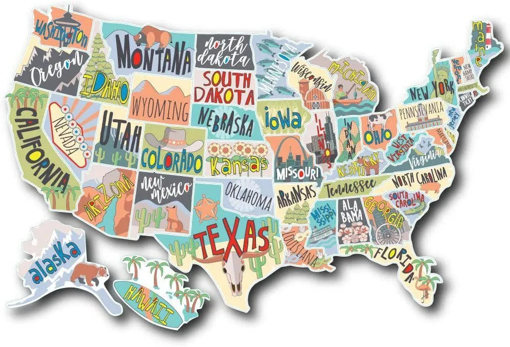 Travel-themed car sticker set with blank map for custom route marking