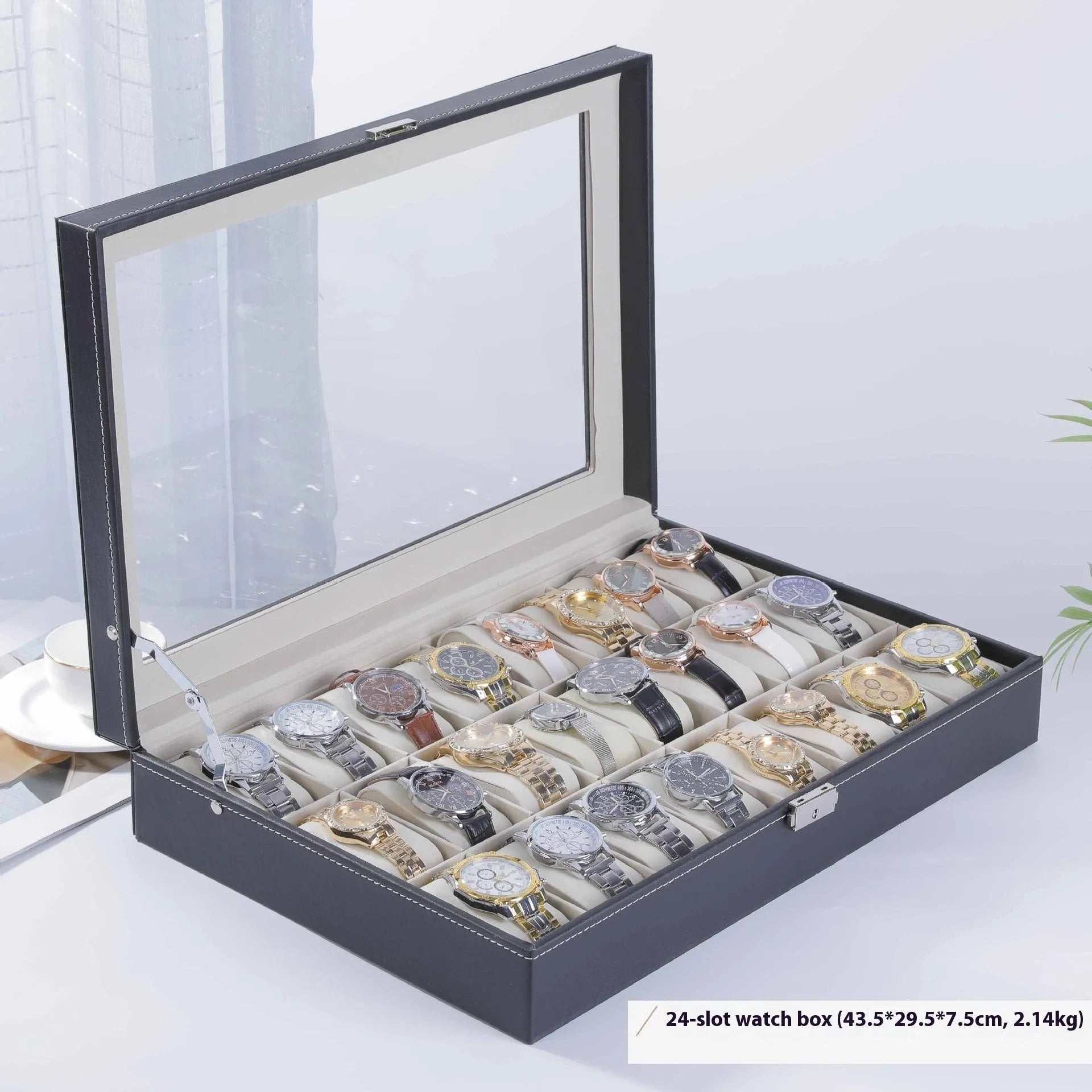 Grey leather watch storage box with transparent dustproof lid showing multiple capacity size options