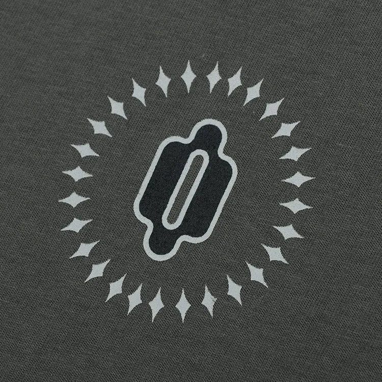 Gray khaki loose-fit long sleeve cotton pullover with drop shoulder sleeves and a printed letter pattern.