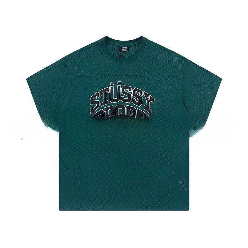Cotton sports jersey letter print short sleeve pullover in black, loose fit, front view