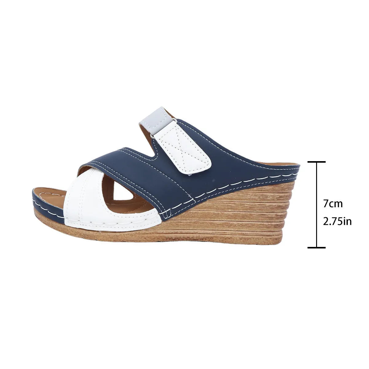 Women's black and white wedge platform slippers with a Velcro strap and open fish mouth toe.