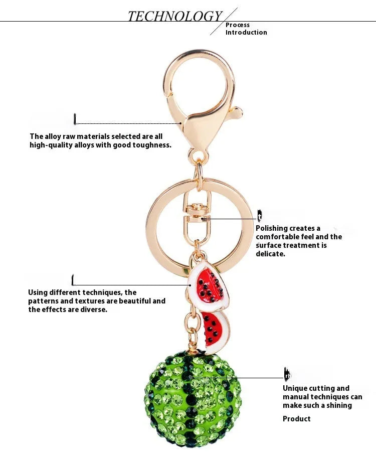 Green zinc alloy watermelon keychain with diamond detailing, 12cm size with metal ring