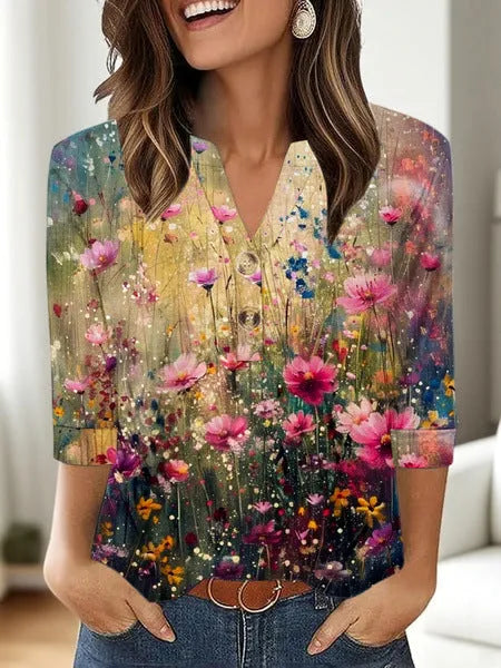 Women's casual V-neck top with 3D printed pattern in loose Japanese Korean style