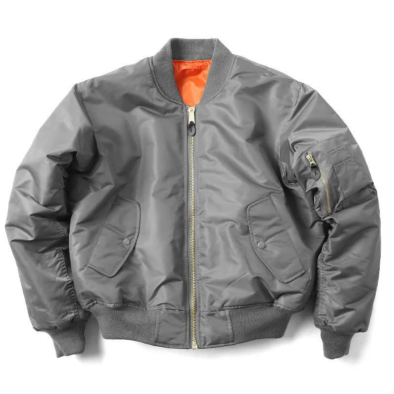 Men's army green loose-fit cotton-padded pilot jacket with double-sided wear-resistant nylon construction.
