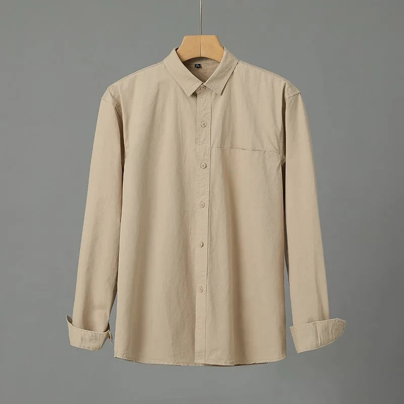 Men's purified cotton long sleeve cardigan shirt in solid colour, Asian sizes M to 4XL, five colour options available