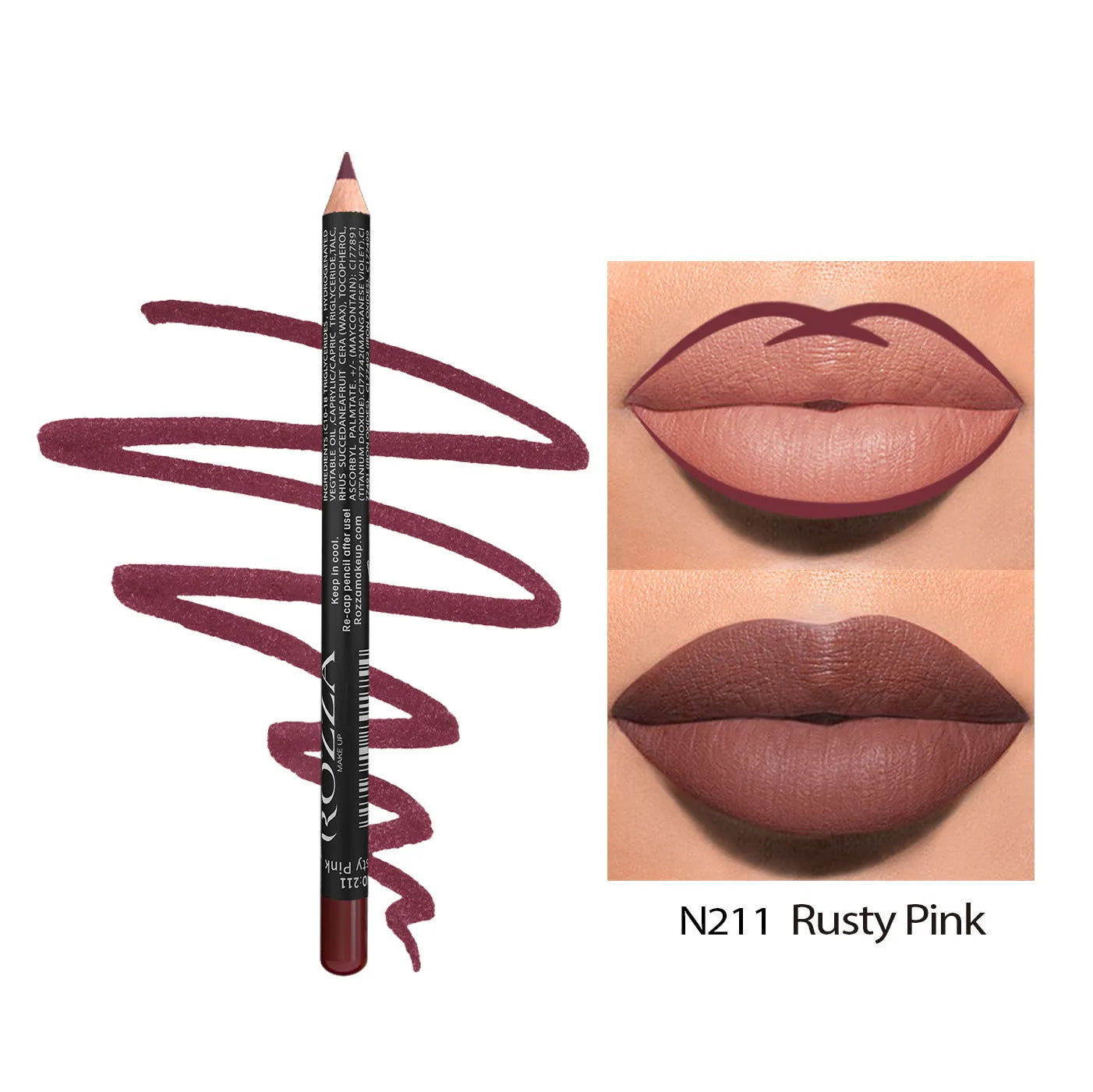 Matte finish lip liner pencil in wood casing with colour options 201 to 214 for 24-hour wear