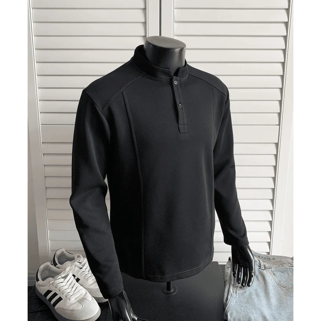 Men's asymmetric patchwork stand-up collar long sleeve cotton polo shirt in loose fit