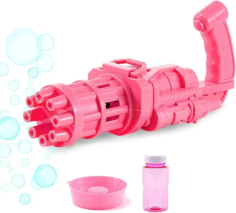 Realistic pink bubble machine gun toy for kids on a green lawn.