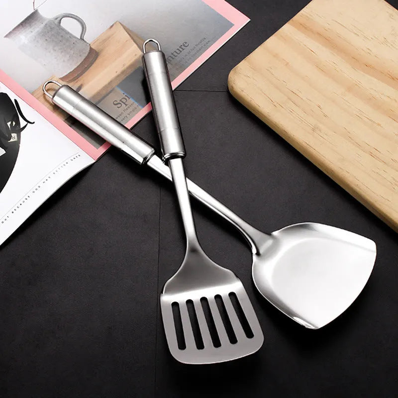 6-piece 201 stainless steel kitchenware set with anti-scalding handles on a kitchen counter