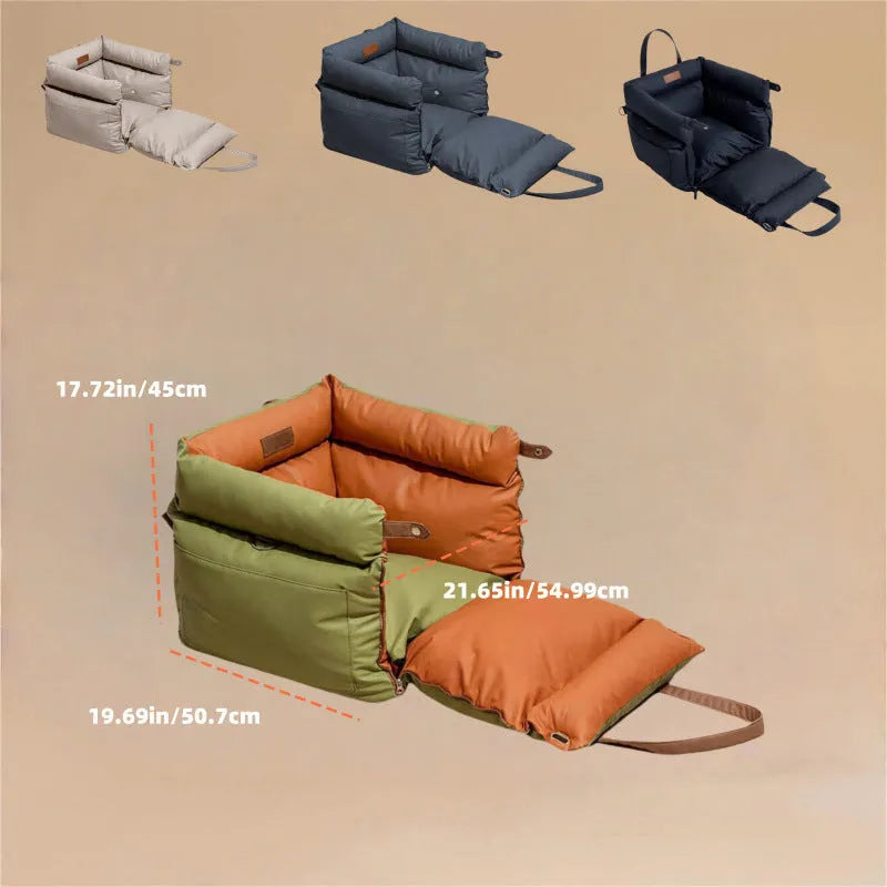 Green waterproof PU leather dog car nest with removable cover, shown in a car footwell.