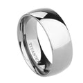Silver titanium steel ring on a finger, showing a simple band design.