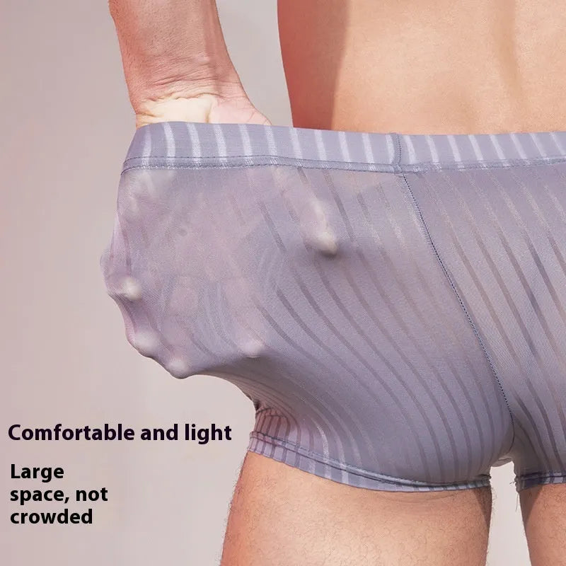 Men's striped thin transparent nylon underwear in black, dark grey and white colours