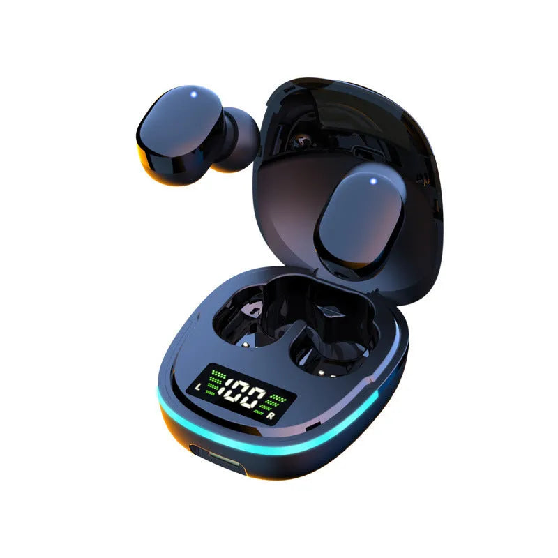 Black true wireless Bluetooth in-ear headphones with a charging case on a white background