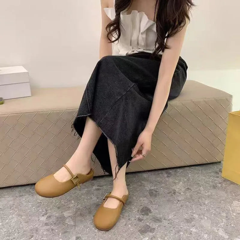 Women's wild square buckle toe cap semi slipper slip-on shoe with PVC upper in khaki colour