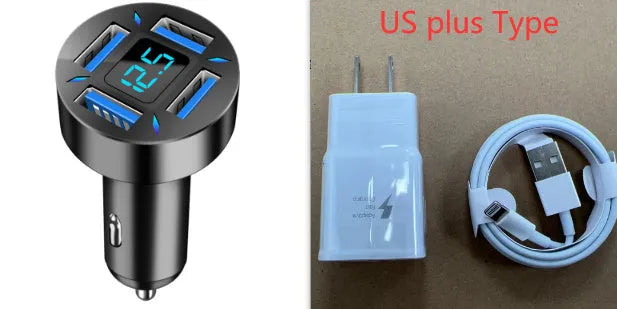 Black four-port USB car charger with LED digital display showing charging status