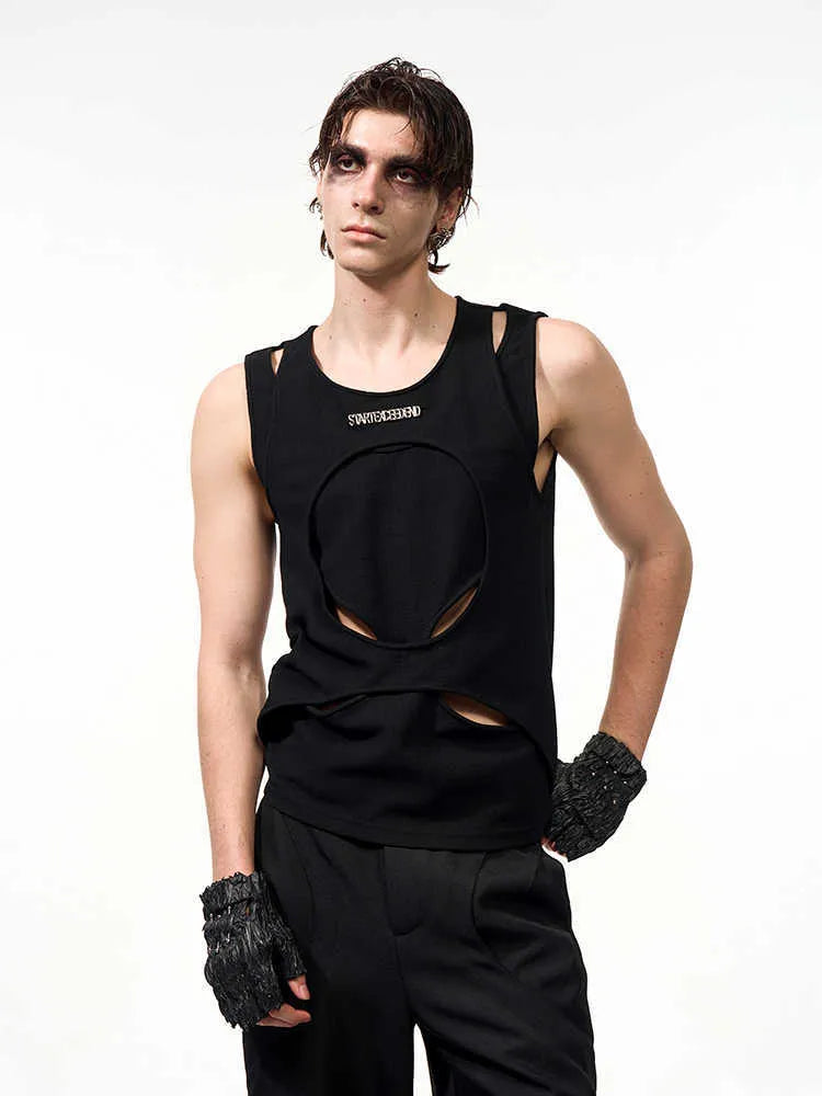 Men's black sleeveless waistcoat with hollow thread construction and round neck collar