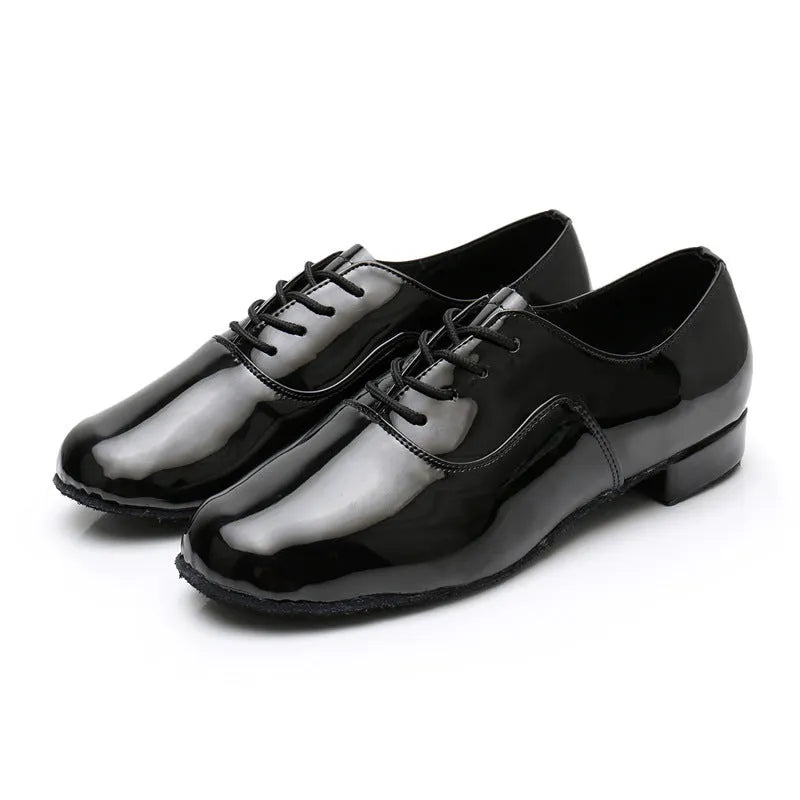 Men's black indoor dancing shoes with a synthetic leather upper and calf leather sole.