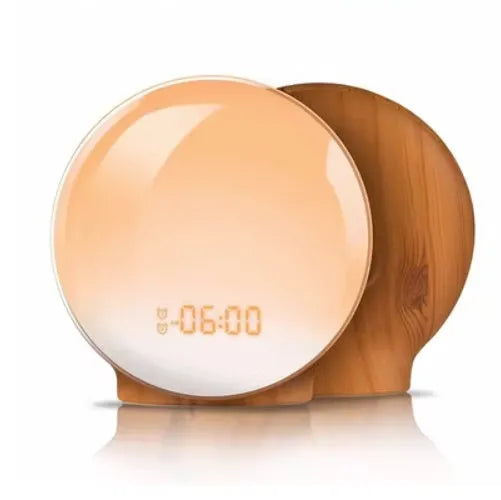 E20 wood grain basic sunrise alarm clock with USB power and night light on a table