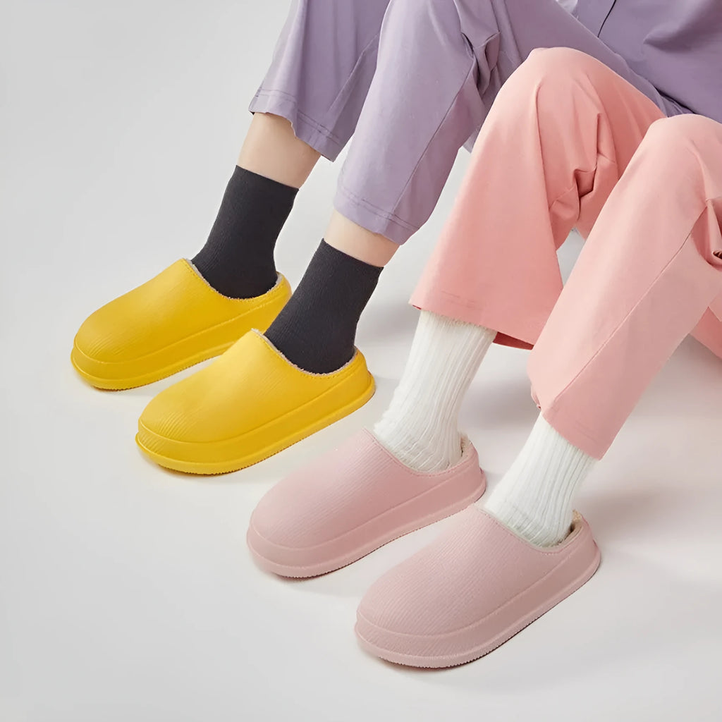 Warm cotton slippers with waterproof EVA sole in caramel colour, flat heel, available in large sizes for men and women