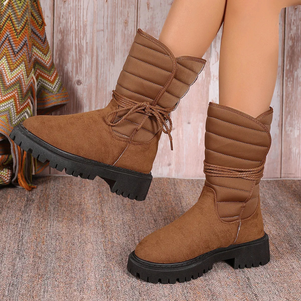 Women's chunky heel mid-tube snow boots in suede with fleece lining and lace-up design