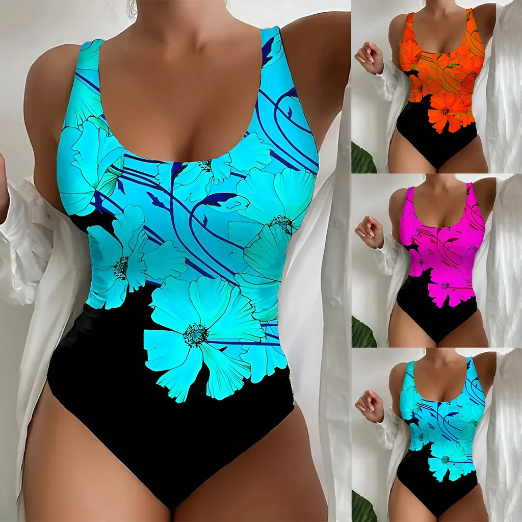 Women's 3D printed one-piece swimsuit in Lycra fabric, shown in orange red, sky blue, and purple colours.