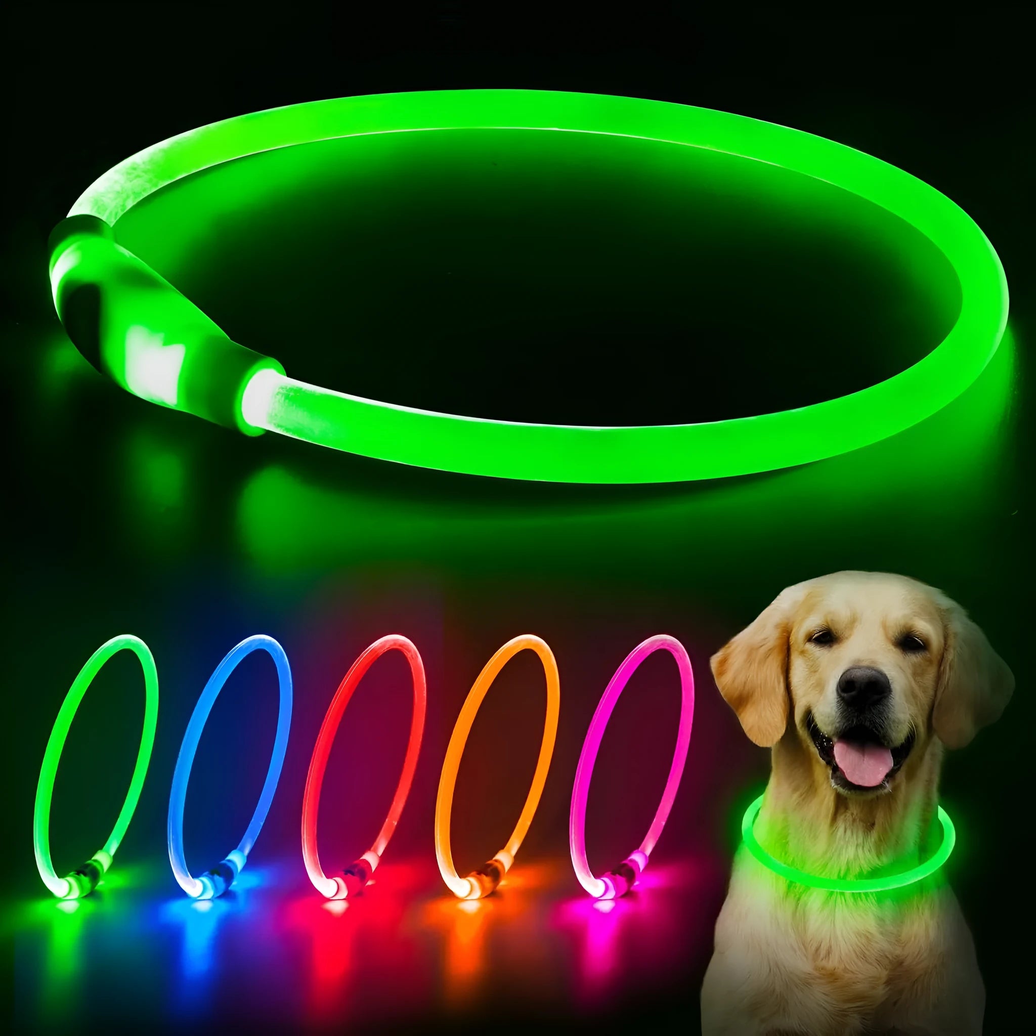 USB rechargeable LED dog safety collar with glowing light, adjustable 70cm TPU strap