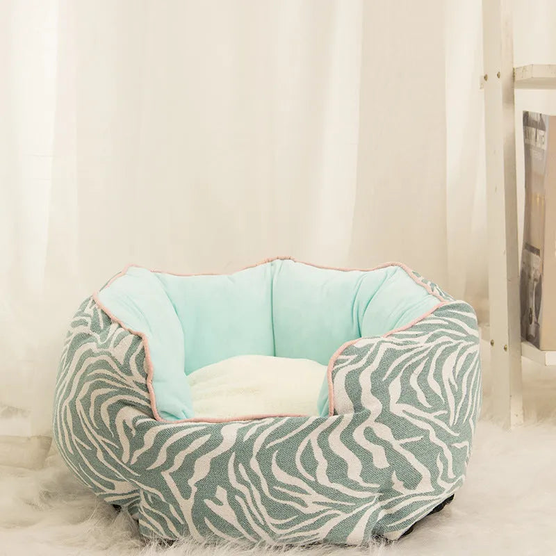 Blue octagonal pet bed with removable mats for small dogs and cats