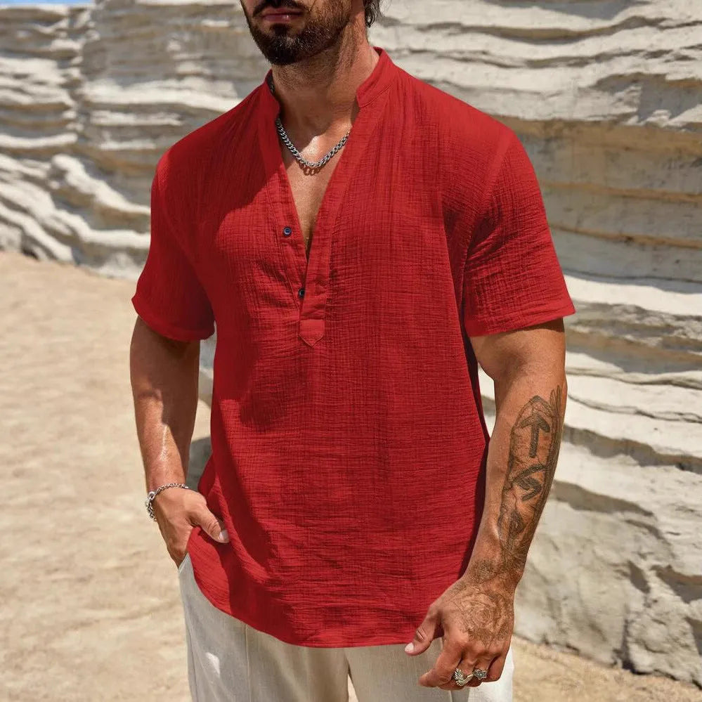 Men's light blue short-sleeved casual shirt with a stand collar.
