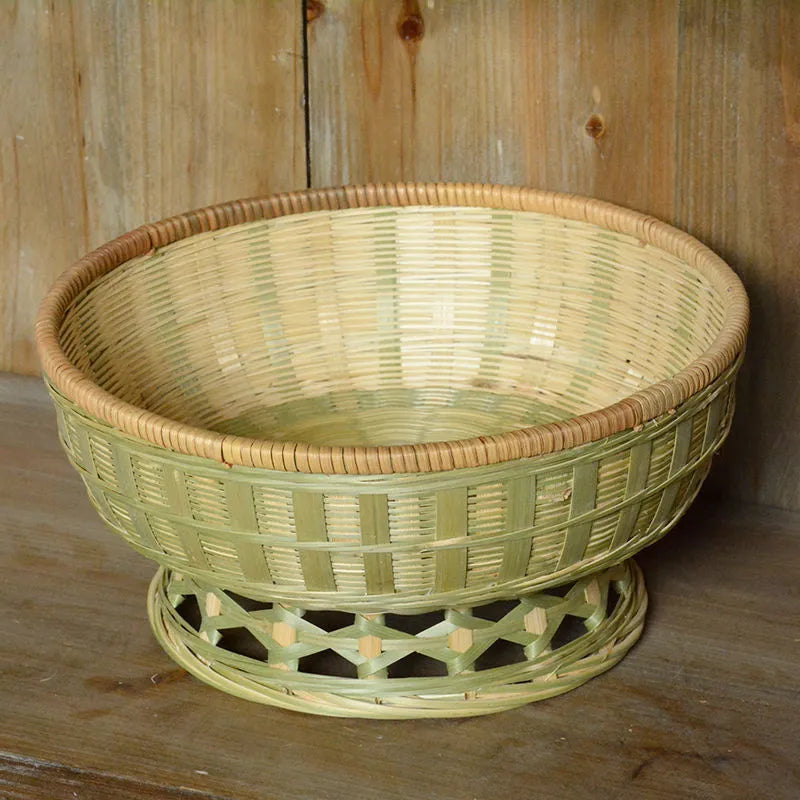 Handmade natural bamboo storage basket shown in three size variants for home organisation.