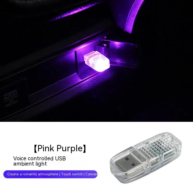 Multi-function car USB atmosphere light with touch switch and RGB voice control on a car dashboard