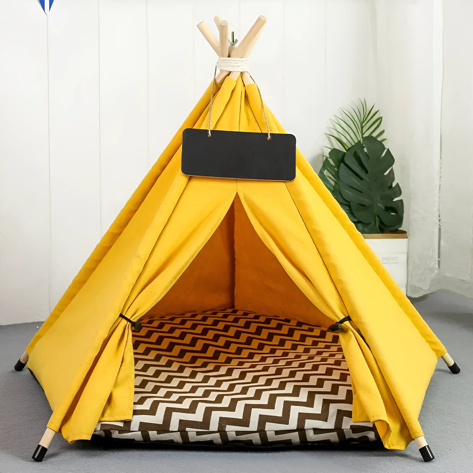 White striped linen teepee tent bed for small dog with cushion inside