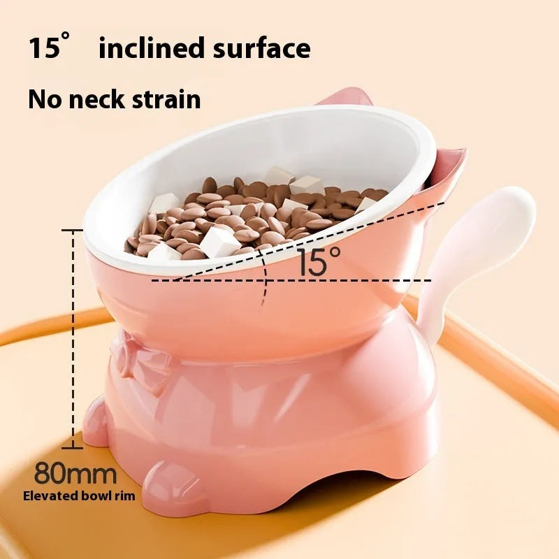 Oblique stainless steel cat bowl with a coloured silicone non-slip base.