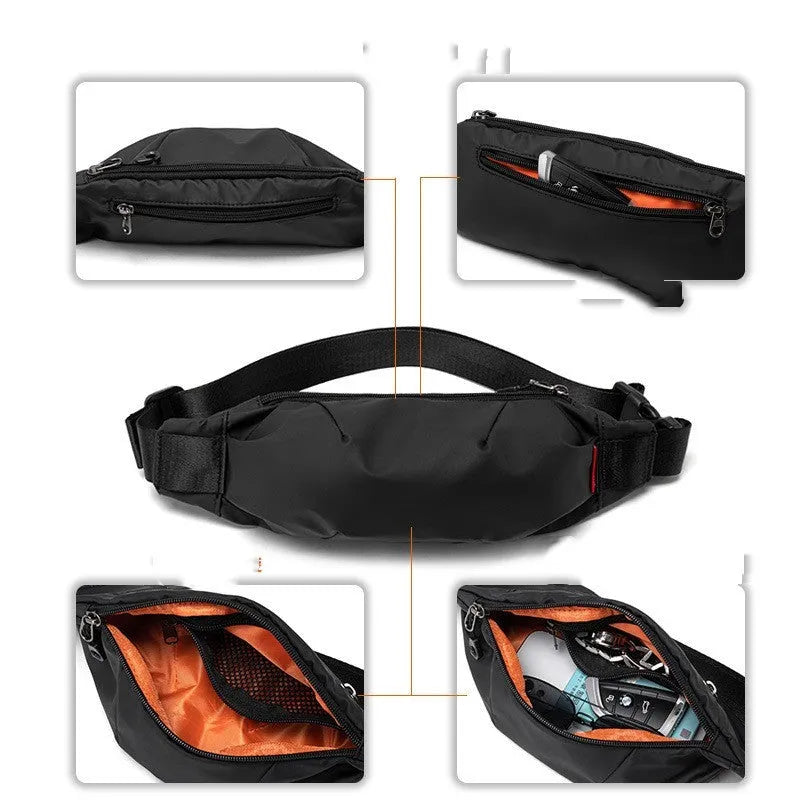 Black Oxford cloth men's crossbody waist pack showing front zipper and strap.