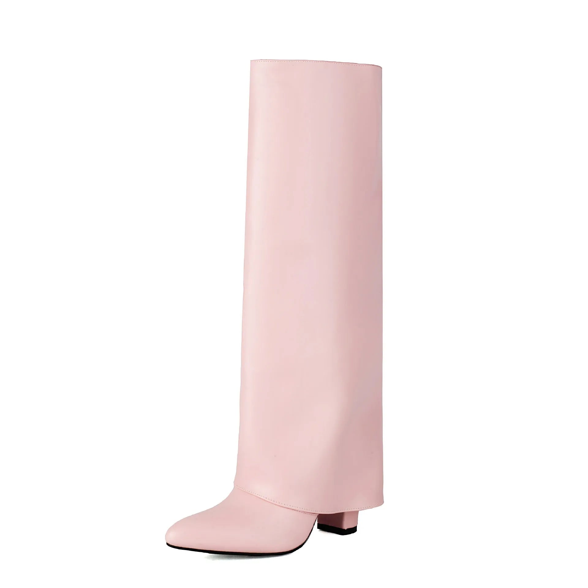 Women's plus size thick high heel boots in white, black or pink colours with high cylinder sock length