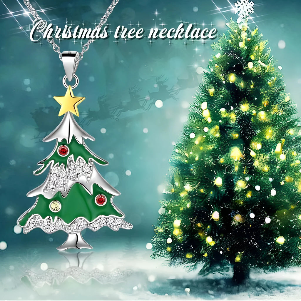 Christmas tree leaf-shaped alloy pendant necklace with rhinestone detailing and O-shaped chain
