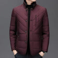 Men's short winter padded coat in dark blue with side seam pockets.